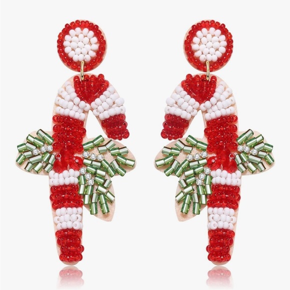 Betsey Johnson Handcrafted Christmas Red Green Beaded Candy Cane Drop Earrings - Picture 1 of 9